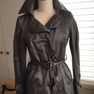 DKNY knee length trench coat w ruffle detail